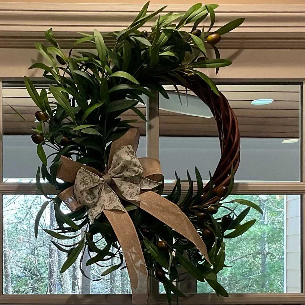 Handcrafted Green Olive Leaf Holiday Wreath with Decorative Bow